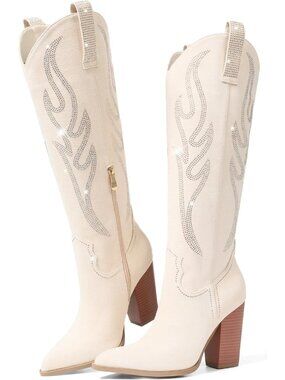 Women's Beige Suede Knee High Boots Rhinestones Embroidered Western Boots